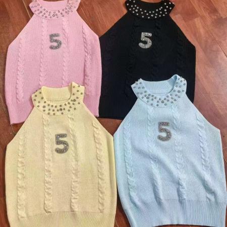 BY12866# 黑色重工烫钻挂脖背心辣妹风修身无袖针织衫个性背心 服裝批發女裝批發服飾貨源