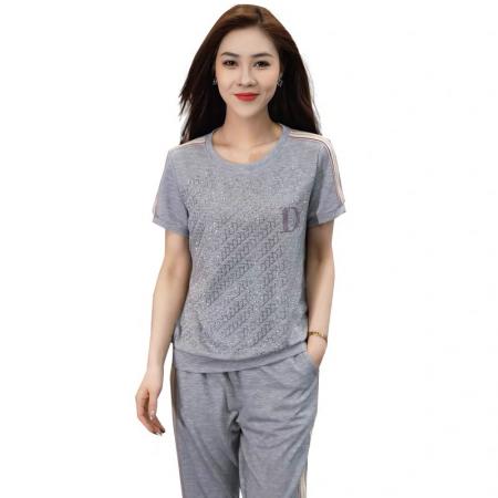 夏季运动服套装女新款时尚烫钻韩系慵懒潮牌短袖薄款休闲衣服 服裝批發女裝批發服飾貨源