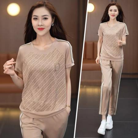 BY12869# 夏季运动服套装女新款时尚烫钻韩系慵懒潮牌短袖薄款休闲衣服 服裝批發女裝批發服飾貨源