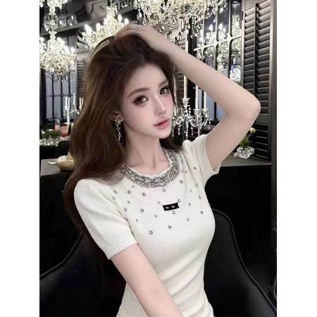 BY12870# 撞色圆领条纹针织长袖t恤女春夏季新款时尚宽松休闲百搭上衣 服裝批發女裝批發服飾貨源