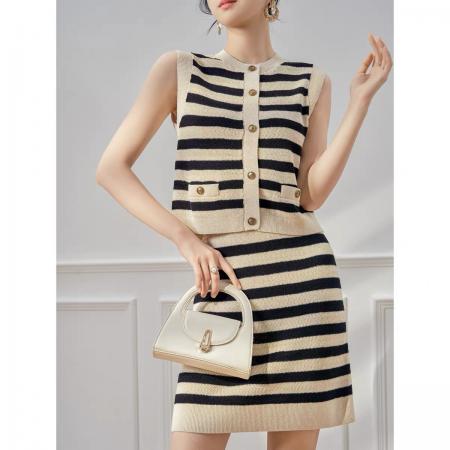 夏日绝美巨好看的小香风条纹针织背心半身裙子两件套装夏装一整套 服裝批發女裝批發服飾貨源