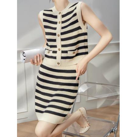 BY12871# 夏日绝美巨好看的小香风条纹针织背心半身裙子两件套装夏装一整套 服裝批發女裝批發服飾貨源