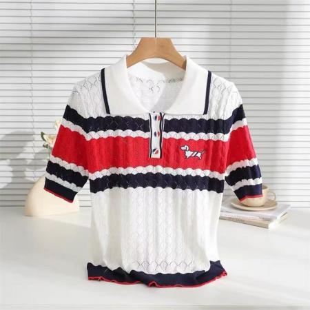 BY12872# 撞色翻领小狗刺绣针织衫镂空显瘦上衣春夏新款针织短袖女 服裝批發女裝批發服飾貨源