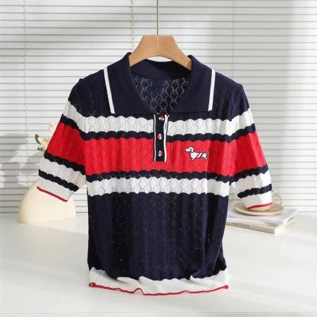 BY12872# 撞色翻领小狗刺绣针织衫镂空显瘦上衣春夏新款针织短袖女 服裝批發女裝批發服飾貨源