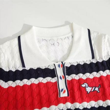 BY12872# 撞色翻领小狗刺绣针织衫镂空显瘦上衣春夏新款针织短袖女 服裝批發女裝批發服飾貨源