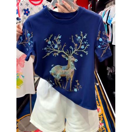 BY12874# 韩版潮流森林小鹿烫钻印花短袖T恤女夏季新款时尚气质设计感上衣 服裝批發女裝批發服飾貨源