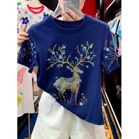 BY12874# 韩版潮流森林小鹿烫钻印花短袖T恤女夏季新款时尚气质设计感上衣 服裝批發女裝批發服飾貨源