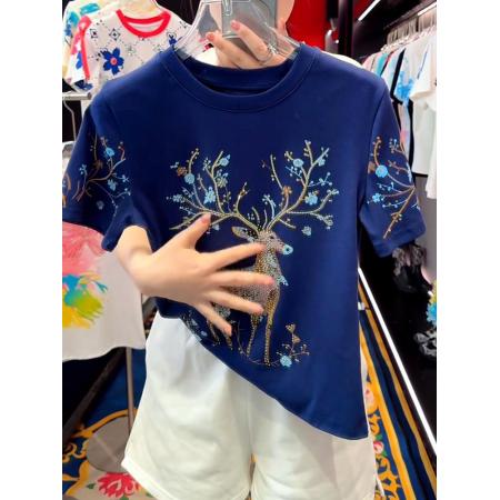 BY12874# 韩版潮流森林小鹿烫钻印花短袖T恤女夏季新款时尚气质设计感上衣 服裝批發女裝批發服飾貨源