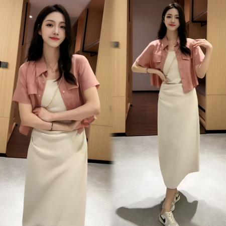 BY12877# 夏季新款韩版女士套装短袖衬衫收腰显瘦吊带裙两件套 服裝批發女裝批發服飾貨源