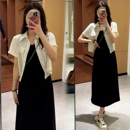 BY12877# 夏季新款韩版女士套装短袖衬衫收腰显瘦吊带裙两件套 服裝批發女裝批發服飾貨源