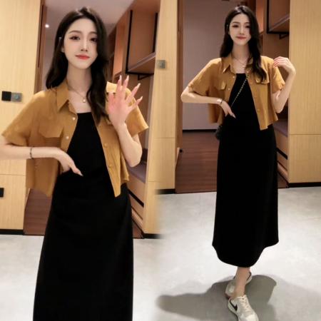 BY12877# 夏季新款韩版女士套装短袖衬衫收腰显瘦吊带裙两件套 服裝批發女裝批發服飾貨源