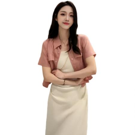 BY12877# 夏季新款韩版女士套装短袖衬衫收腰显瘦吊带裙两件套 服裝批發女裝批發服飾貨源