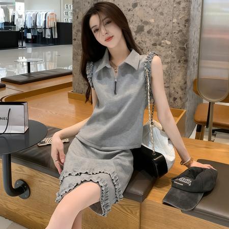 BY12878# 高含棉法式高级感套装女士夏季新款无袖上衣短裙两件套 服裝批發女裝批發服飾貨源