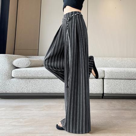 BY12880# 春夏新款时尚棉麻高腰条纹宽松直筒休闲阔腿裤配腰带 服裝批發女裝批發服飾貨源