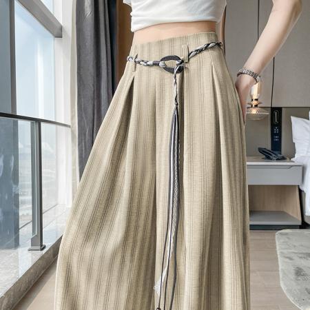 BY12880# 春夏新款时尚棉麻高腰条纹宽松直筒休闲阔腿裤配腰带 服裝批發女裝批發服飾貨源