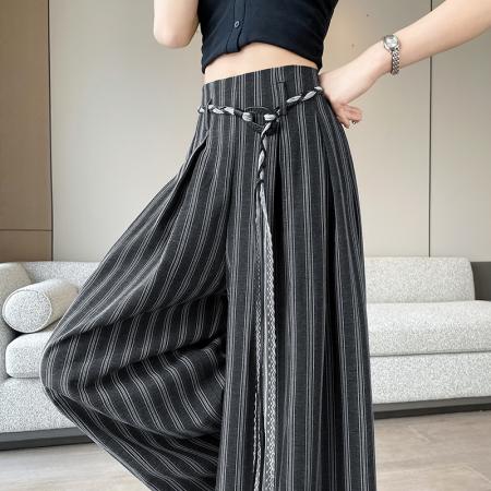 BY12880# 春夏新款时尚棉麻高腰条纹宽松直筒休闲阔腿裤配腰带 服裝批發女裝批發服飾貨源