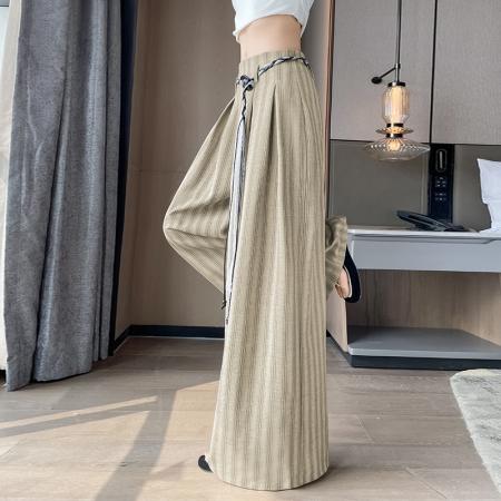 BY12880# 春夏新款时尚棉麻高腰条纹宽松直筒休闲阔腿裤配腰带 服裝批發女裝批發服飾貨源