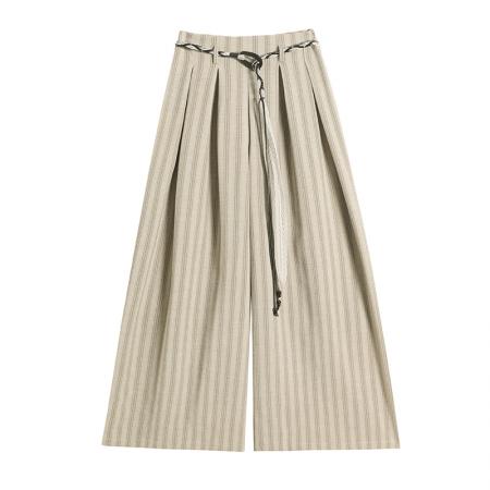 BY12880# 春夏新款时尚棉麻高腰条纹宽松直筒休闲阔腿裤配腰带 服裝批發女裝批發服飾貨源
