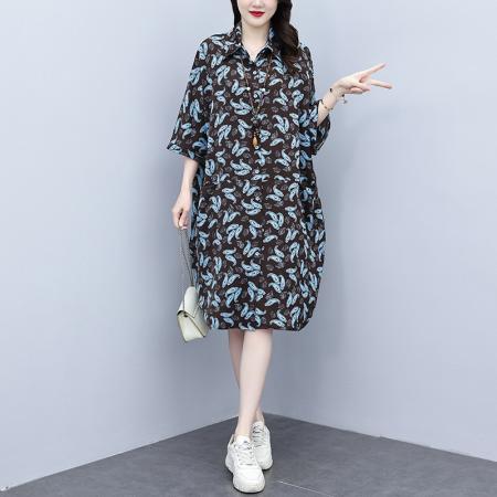 BY12881# 夏季新款韩版胖MM大码POLO领遮肉衬衫连衣裙中长款休闲宽松型 服裝批發女裝批發服飾貨源