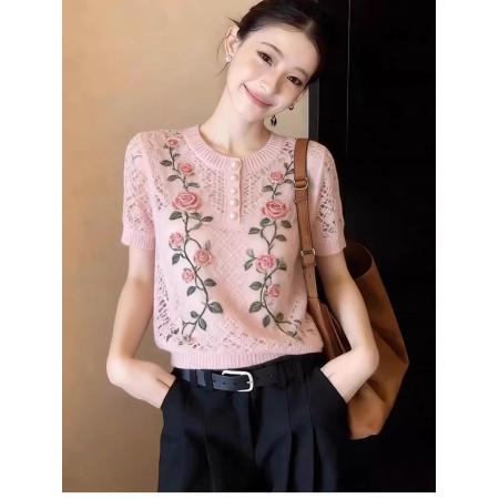 粉红色韩系圆领玫瑰印花针织T恤...