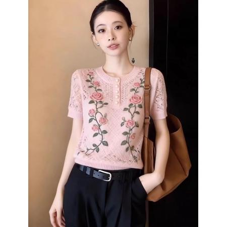 BY12883# 粉红色韩系圆领玫瑰印花针织T恤女夏季新款轻薄透气大码上衣 服裝批發女裝批發服飾貨源