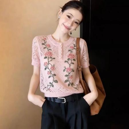 BY12883# 粉红色韩系圆领玫瑰印花针织T恤女夏季新款轻薄透气大码上衣 服裝批發女裝批發服飾貨源