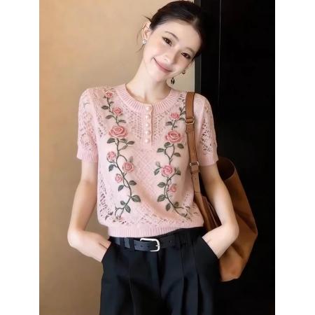 BY12883# 粉红色韩系圆领玫瑰印花针织T恤女夏季新款轻薄透气大码上衣 服裝批發女裝批發服飾貨源