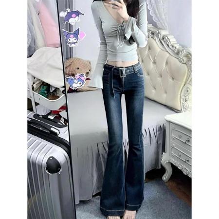 BY12884# 美式复古低腰修身微喇叭牛仔裤女新款时尚设计宽边微喇牛仔裤 服裝批發女裝批發服飾貨源