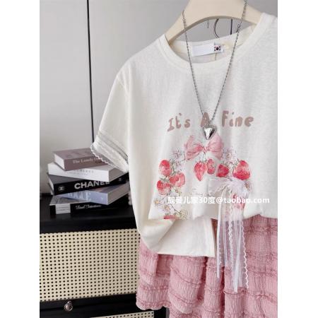 BY12886# 雪花棉特大码300斤夏季草莓印花蕾丝拼袖上衣宽松女T恤 服裝批發女裝批發服飾貨源