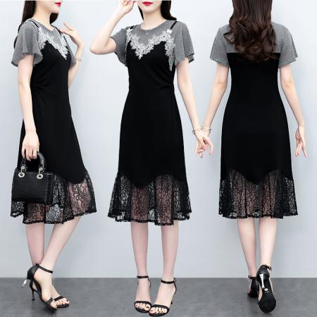 BY12892# 复古宫廷高级感蕾丝拼接假两件吊带新款连衣裙女 服裝批發女裝批發服飾貨源