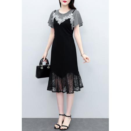 BY12892# 复古宫廷高级感蕾丝拼接假两件吊带新款连衣裙女 服裝批發女裝批發服飾貨源