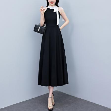BY12893# 夏季新款赫本风黑色连衣裙女夏长款大码收腰显瘦胖mm小黑裙子 服裝批發女裝批發服飾貨源