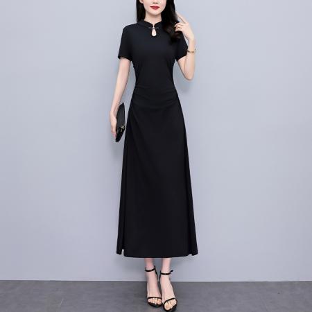 BY12894# 夏季新款新中式改良旗袍连衣裙夏长款大码收腰显瘦胖mm小黑裙 服裝批發女裝批發服飾貨源