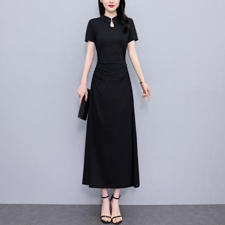 BY12894# 夏季新款新中式改良旗袍连衣裙夏长款大码收腰显瘦胖mm小黑裙 服裝批發女裝批發服飾貨源