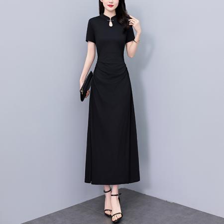 BY12894# 夏季新款新中式改良旗袍连衣裙夏长款大码收腰显瘦胖mm小黑裙 服裝批發女裝批發服飾貨源