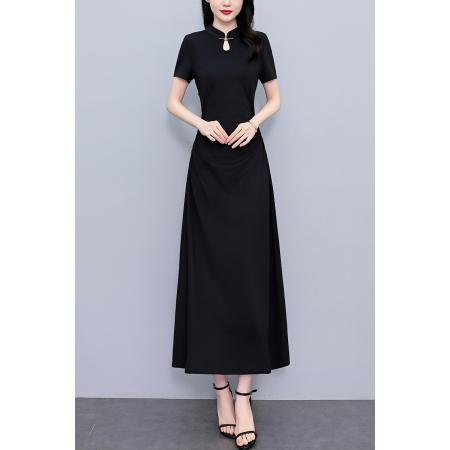 BY12894# 夏季新款新中式改良旗袍连衣裙夏长款大码收腰显瘦胖mm小黑裙 服裝批發女裝批發服飾貨源