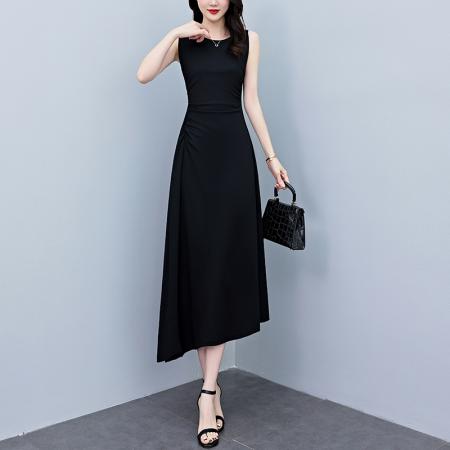 BY12895# 夏季新款赫本风黑色连衣裙女夏长款大码收腰显瘦不规则小黑裙 服裝批發女裝批發服飾貨源