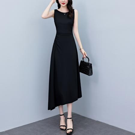 BY12895# 夏季新款赫本风黑色连衣裙女夏长款大码收腰显瘦不规则小黑裙 服裝批發女裝批發服飾貨源