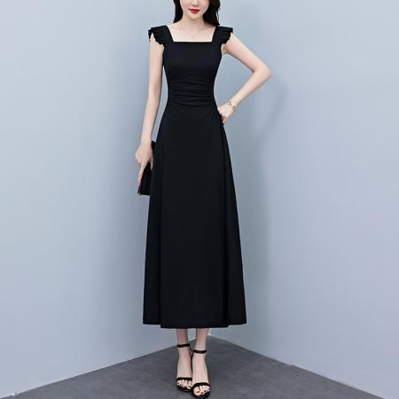 夏季新款赫本风黑色连衣裙女夏长...