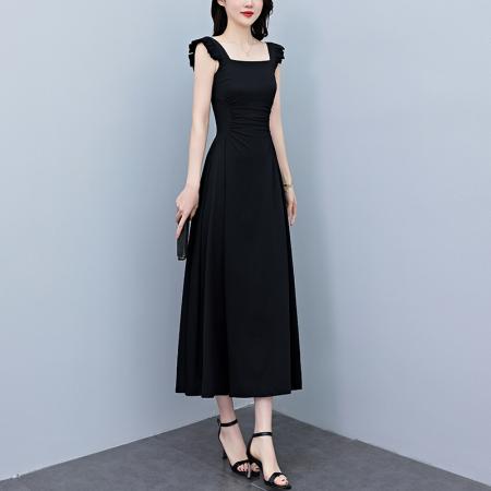 BY12896# 夏季新款赫本风黑色连衣裙女夏长款大码收腰显瘦胖mm小黑裙子 服裝批發女裝批發服飾貨源