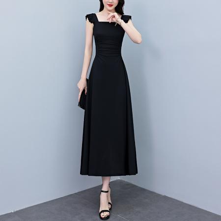 BY12896# 夏季新款赫本风黑色连衣裙女夏长款大码收腰显瘦胖mm小黑裙子 服裝批發女裝批發服飾貨源