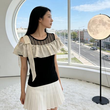 BY12897# 夏季新款条纹花边拼接网纱镶钻短袖修身显瘦设计感轻奢小衫M-3XL 服裝批發女裝批發服飾貨源