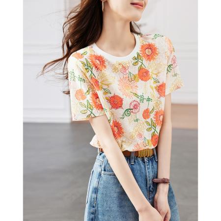 BY12900# 时尚印花圆领短袖T恤女夏季新款设计感小众宽松休闲上衣体恤 服裝批發女裝批發服飾貨源