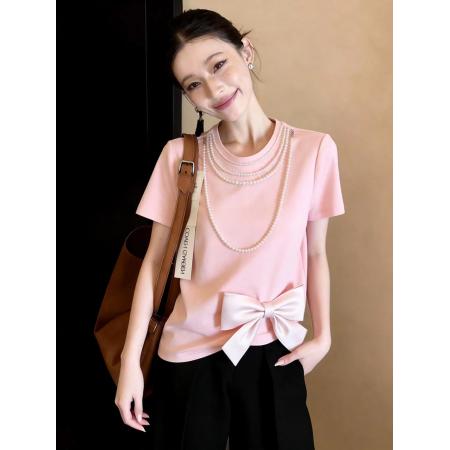 BY12901# 夏季新款高级感千金风珍珠链条蝴蝶结粉色优雅T恤 服裝批發女裝批發服飾貨源
