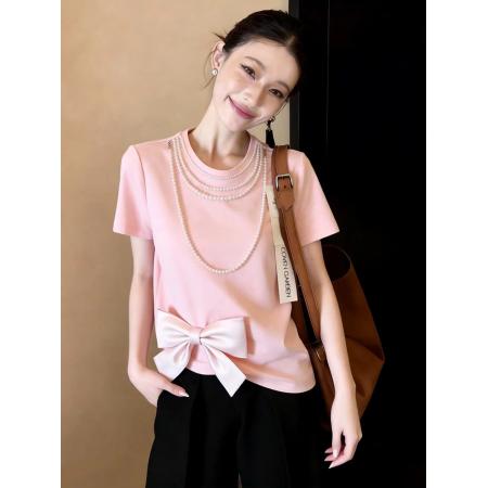 BY12901# 夏季新款高级感千金风珍珠链条蝴蝶结粉色优雅T恤 服裝批發女裝批發服飾貨源