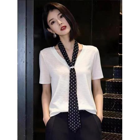 BY12902# 夏季新款韩系洋气设计感丝巾v领宽松显瘦百搭T恤 服裝批發女裝批發服飾貨源