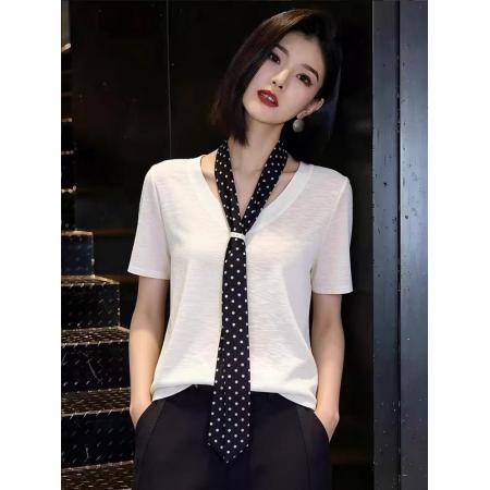 BY12902# 夏季新款韩系洋气设计感丝巾v领宽松显瘦百搭T恤 服裝批發女裝批發服飾貨源