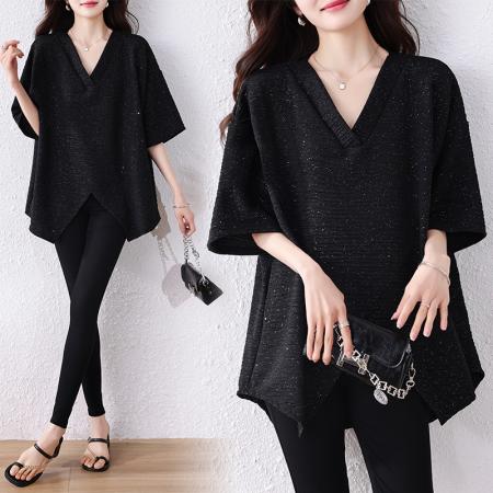 BY12904# 高级感V领长袖T恤夏季大码胖mm女装洋气宽松中长款遮肚上衣 服裝批發女裝批發服飾貨源