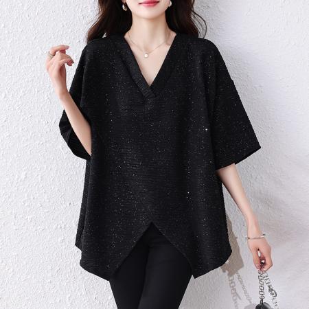 BY12904# 高级感V领长袖T恤夏季大码胖mm女装洋气宽松中长款遮肚上衣 服裝批發女裝批發服飾貨源