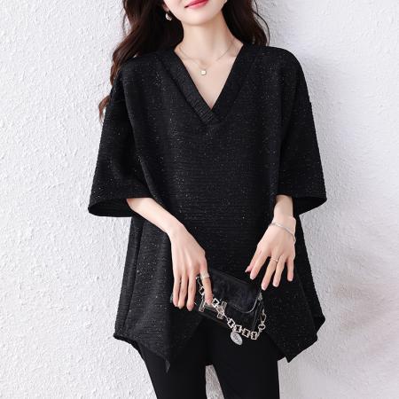 BY12904# 高级感V领长袖T恤夏季大码胖mm女装洋气宽松中长款遮肚上衣 服裝批發女裝批發服飾貨源
